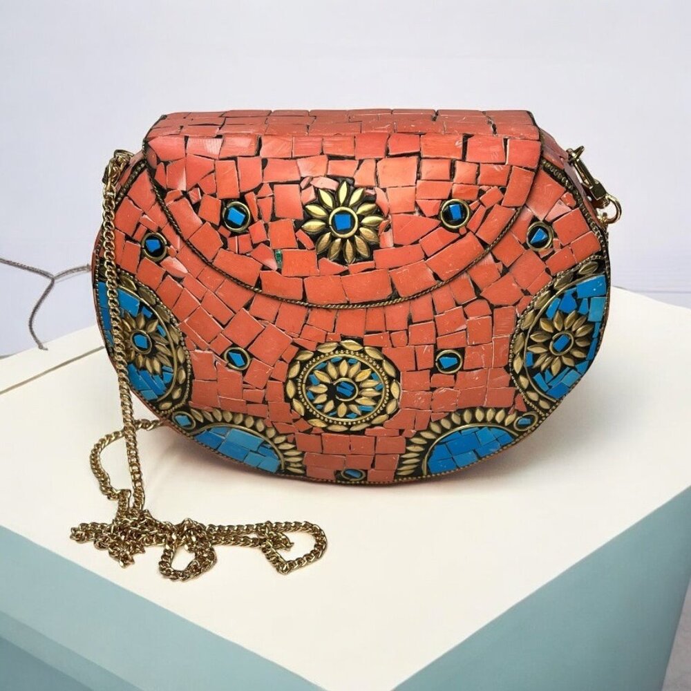 Ramla Design Handmade Mosaic Crossbody Purse Coral Blue Gold Accents rustic